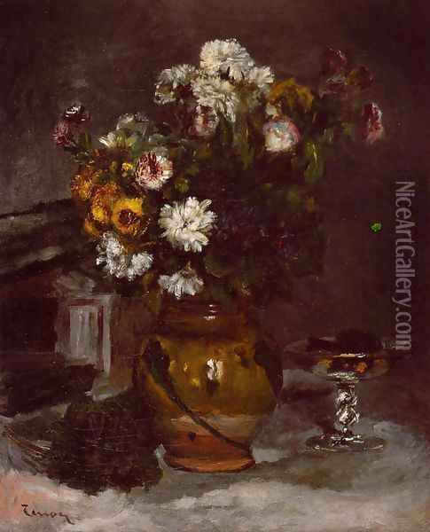 Flowers In A Vase And A Glass Of Champagne Oil Painting - Pierre Auguste Renoir