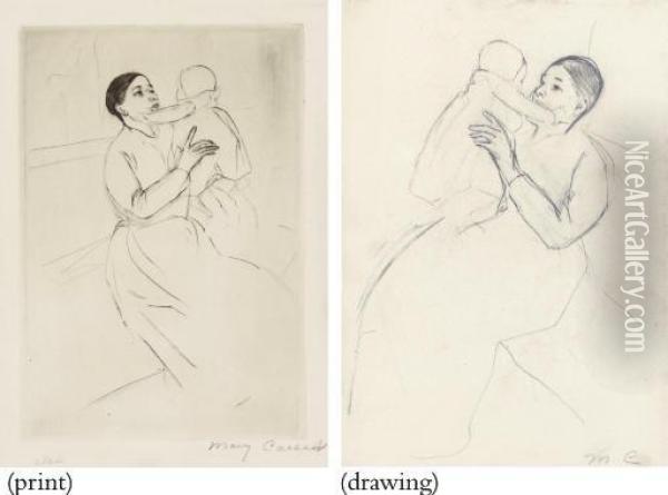 Mother Marie Holding Up Her 
Baby: Only State And Preparatory Drawing (b. 141; Not In B. Cr) Oil Painting - Mary Cassatt