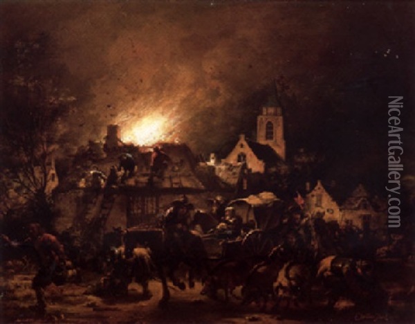 A Fire In A Village At Night Oil Painting - Egbert Lievensz van der Poel