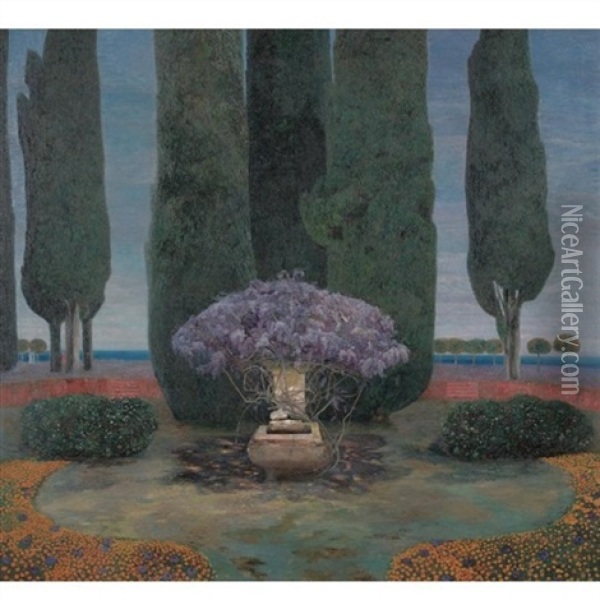 Glyzinienbrunnen Vor Zypressen (wysteria Fountain And Cypress Trees) Oil Painting - Karl Mediz