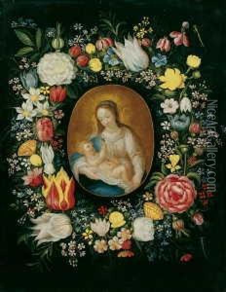 Ein Blumenkranz Um Eine Kartusche Mit Darstellung Von Madonna Und Kind. Oil Painting - Daniel Seghers