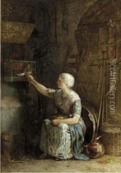 Feeding The Bird Oil Painting - Hendricus-Jacobus Burgers