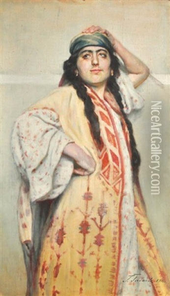 Portrait De Jeune File Aux Longues Tresses Oil Painting - Georgy Gabashvili