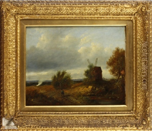 Figure On A Country Path, A Windmill Nearby Oil Painting - Patrick Nasmyth