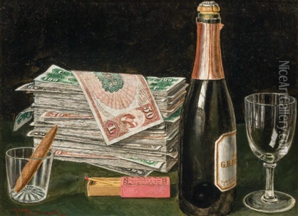 Still Life With Money Pile And Champagne Oil Painting - Victor Dubreuil