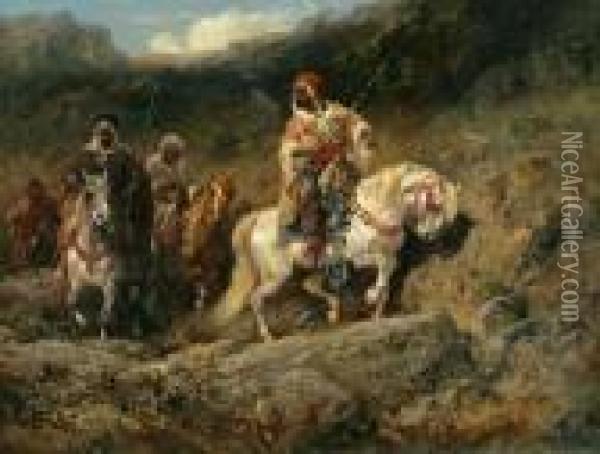 An Arab Horsemen In A Mountainous Landscape Oil Painting - Adolf Schreyer