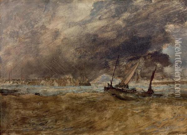 Seapiece With Fishing Boats Off A Wooden Pier, A Gale Comingin Oil Painting - Joseph Mallord William Turner