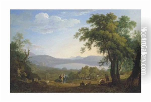 Aeneas And The Cumaean Sibyl, Lake Avernus Beyond Oil Painting - Jacob Philipp Hackert
