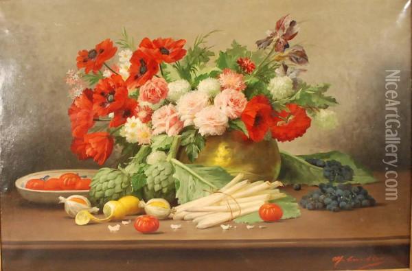 Composition Aux Roses, Fruits Et Legumes Oil Painting - Max Carlier