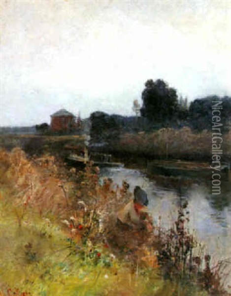 By The River Oil Painting - Hector Caffieri
