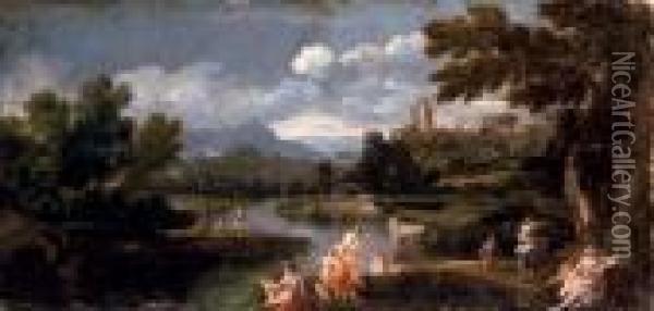 Figures Bathing In An Extensive River Landscape Oil Painting - Giovanni Francesco Grimaldi