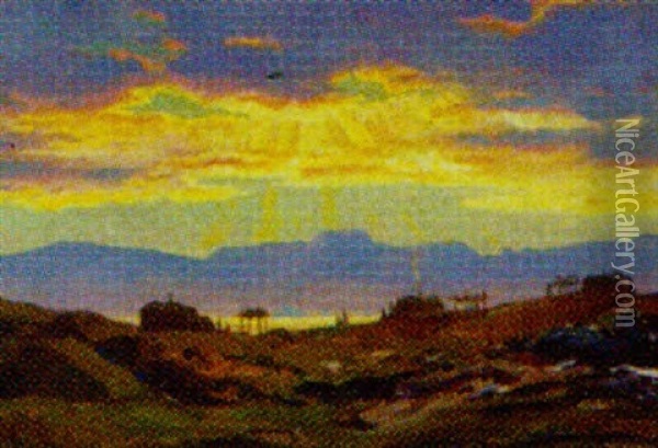 Solnedgang Over Fangerhytter Ved Gronlandsk Fjord Oil Painting - Emanuel A. Petersen