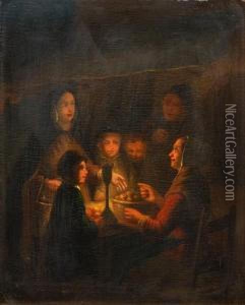 Figures At A Candlelit Market Stall Oil Painting - Petrus van Schendel