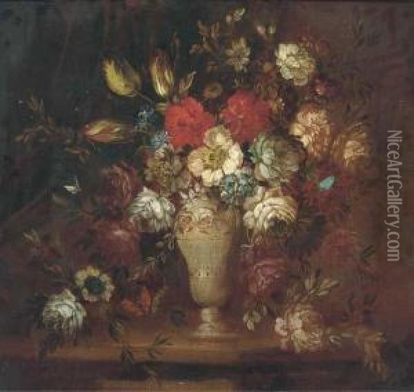 Roses, Tulips, And Other Flowers In A Vase With A Butterfly On Aledge Oil Painting - Andrea Belvedere