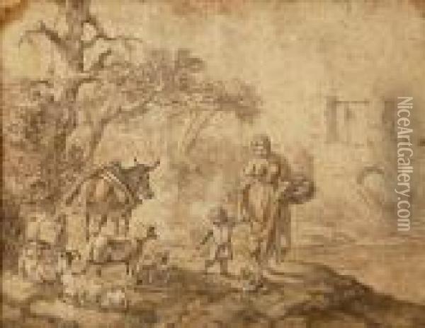 Bergere Promenant Son Enfant, Pres D'un Troupeau De Brebis Et D'unane Oil Painting - Nicolaes Berchem