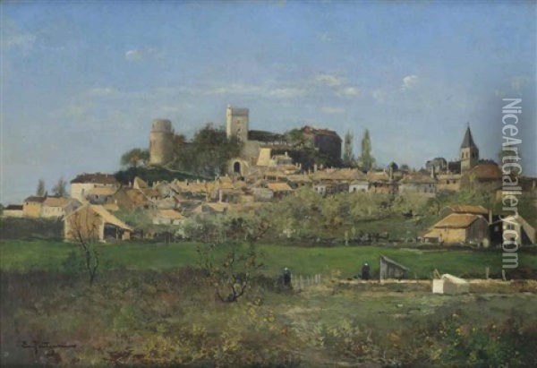 A Hilltop Village In Spring, France Oil Painting - Edmond Marie Petitjean