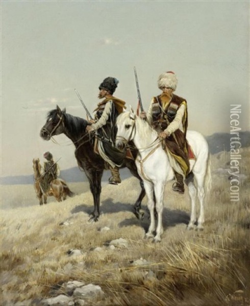 Drei Kosaken Zu Pferd Oil Painting - Karl Bogdanovich Wenig