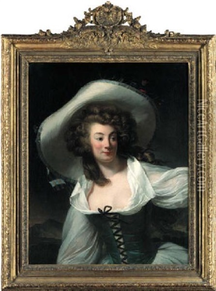 Portrait Of Madame Danloux, Nee Marie-pierrette-antoinette De Saint Redan, In A White Hat And Dress Oil Painting - Henri-Pierre Danloux