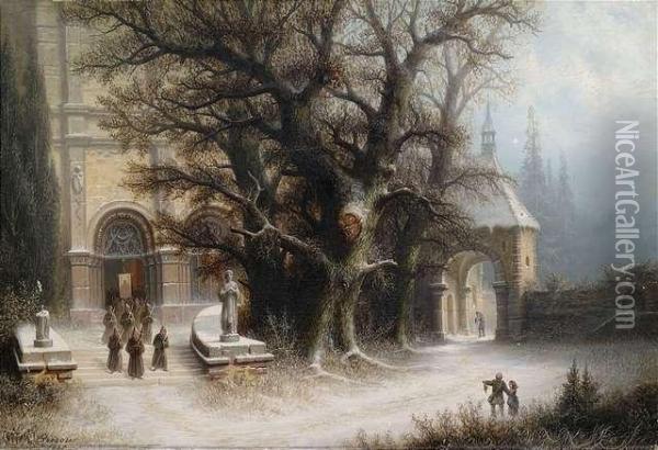Cortege At A Cloister In Winter Oil Painting - Albert Bredow