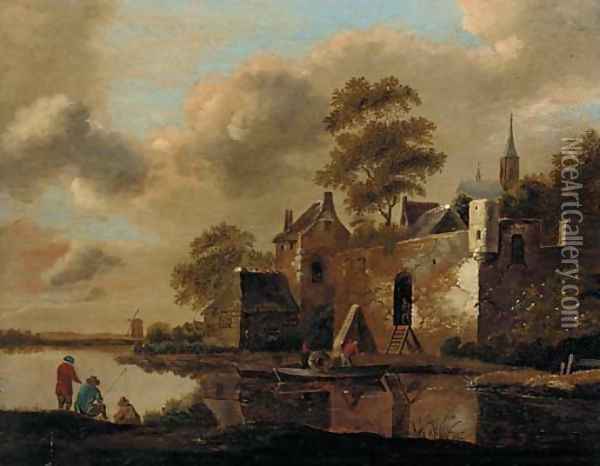 A river landscape with fishermen on a bank and a ferry arriving at a fortified village Oil Painting - Cornelius Decker