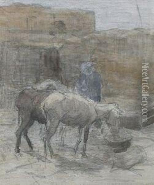 Feeding The Mules Oil Painting - Edwin John Alexander