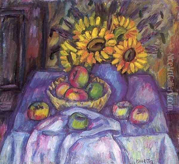 Still life with Apples and Sunflowers Oil Painting - Janos Kmetty