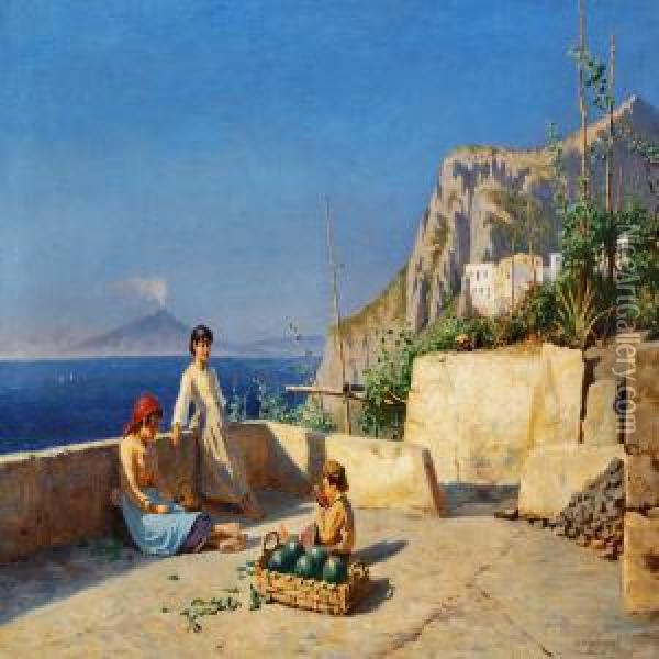 View Of Capri With Children Eating Fruit On A Terrace Oil Painting - N. F. Schiottz-Jensen