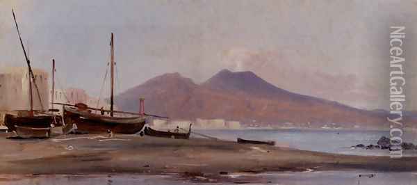 Fishing Boats Along The Sorrentine Coast With A View Of Mount Vesuvius Oil Painting - Alphee De Regny