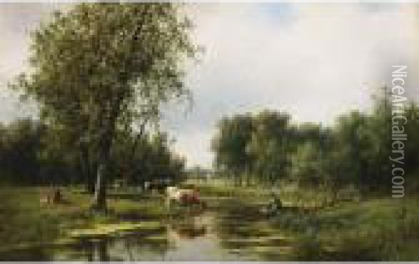 Grazing Cattle By The Water Oil Painting - Willem Vester