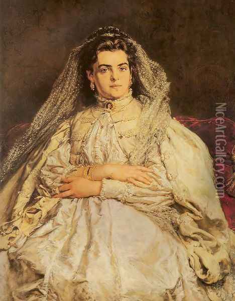Portrait of Artist's Wife in a Wedding Dress Oil Painting - Jan Matejko