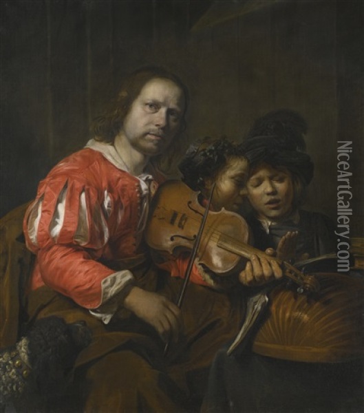A Violin Player Accompanying Two Young Singers Oil Painting - Jan De Bray