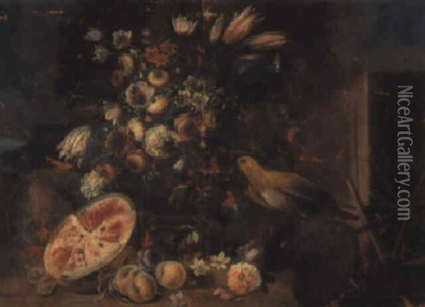 Aves Y Flores En Un Paisaje Con Fuente Oil Painting - Andrea Belvedere