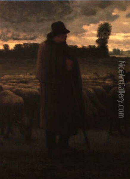 Shepherd And Sheep Oil Painting - Jean-Francois Millet