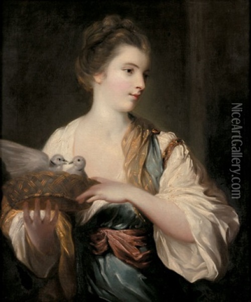 Portrait Of Kitty Fisher With Two Doves Oil Painting - Francis Cotes