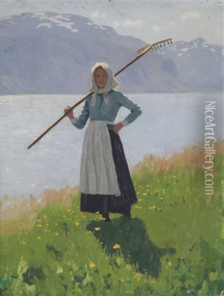 Jente Med Rive Oil Painting - Hans Dahl