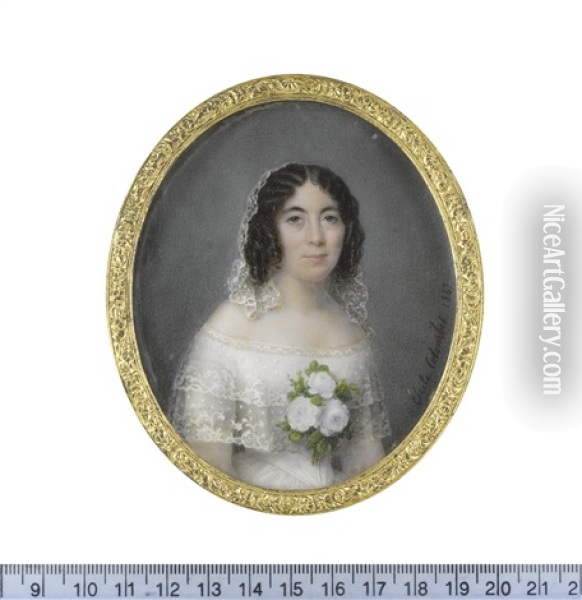 A Portrait Miniature Of A Lady On Her Wedding Day, Wearing White Decollete Dress With Two-tiered Lace Trim, Three White Roses To Her Corsage Oil Painting - Cecile Villeneuve