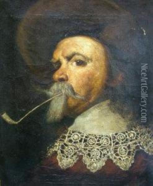 Gentleman Smoking A Clay Pipe Oil Painting - Frans Hals