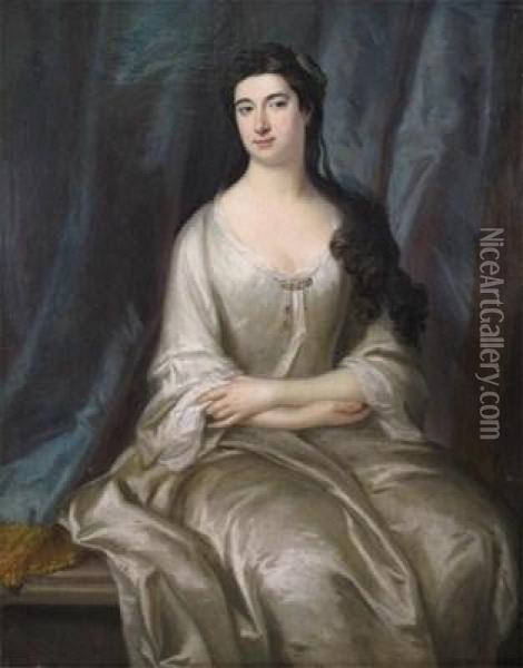 Portrait Of A Lady, Three Quarter Length, Wearing White Oil Painting - Sir Godfrey Kneller