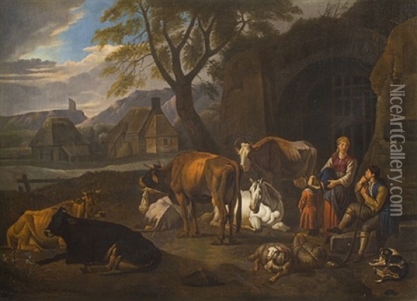 Pastori E Armenti In Sosta Presso Una Stalla Oil Painting - Pieter van Bloemen
