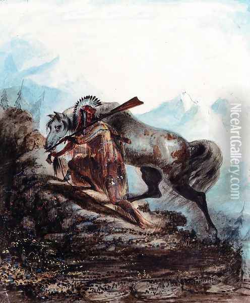 An Indian with the Scalp Lock of His Enemy Oil Painting - Alfred Jacob Miller