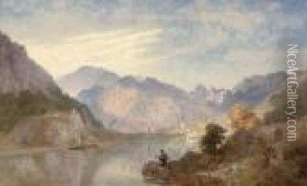 A Picnic On The Lago D'orta With The Town Of Omegna Beyond Oil Painting - James Baker Pyne
