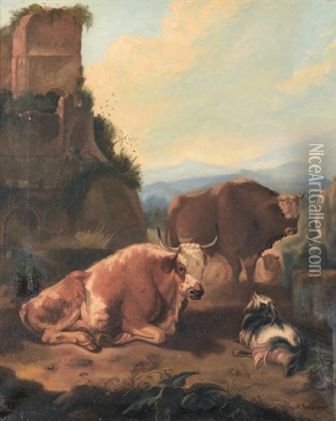 Italienische Landschaft Mit Zwei Kuhen Und Ziege Oil Painting - Louis (Ludwig) Reinhardt