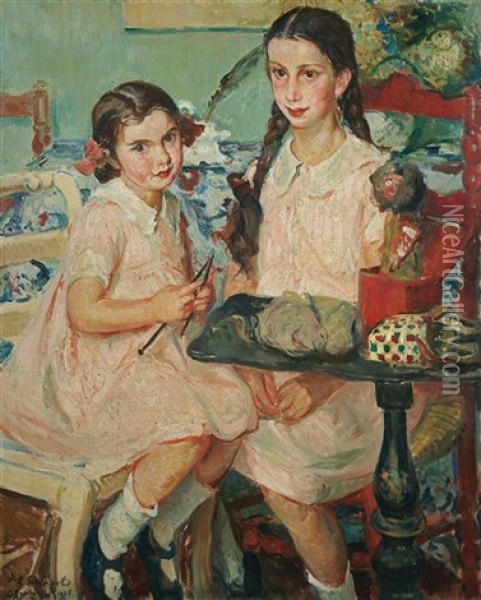Two Girls Oil Painting - Jacques-Emile Blanche