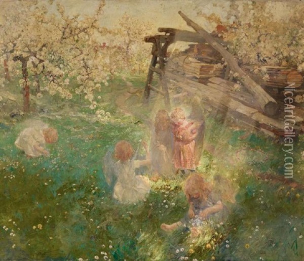 Spielende Kinder Als Engel Auf Einer Fruhlingswiese Oil Painting - Ludwig Julius Christian Dettmann