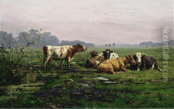 Cattle In A Landscape Oil Painting - Ary Cornelis Kooper