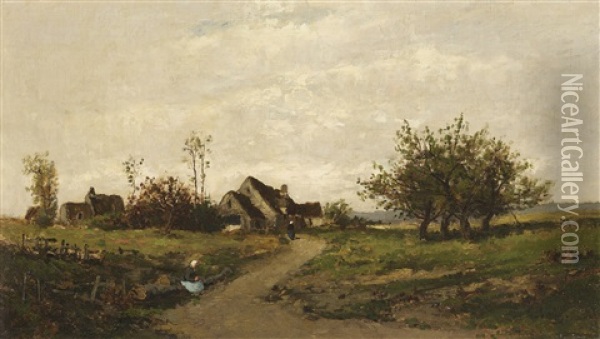 Landschaft Mit Gehoft Und Bauerinnen Am Wegesrand Oil Painting - Etienne Maxime Vallee
