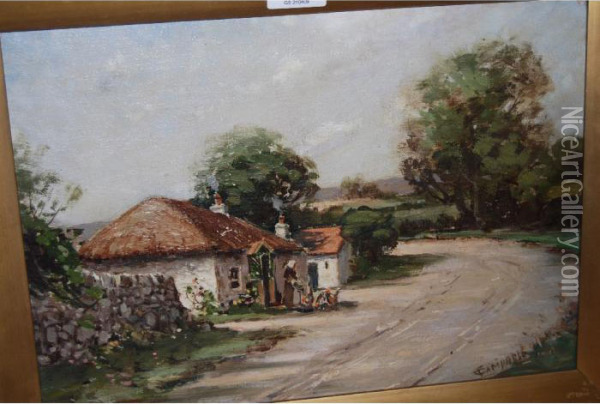 Figure Before A Road Side Cottage Oil Painting - Thomas, Tom Campbell