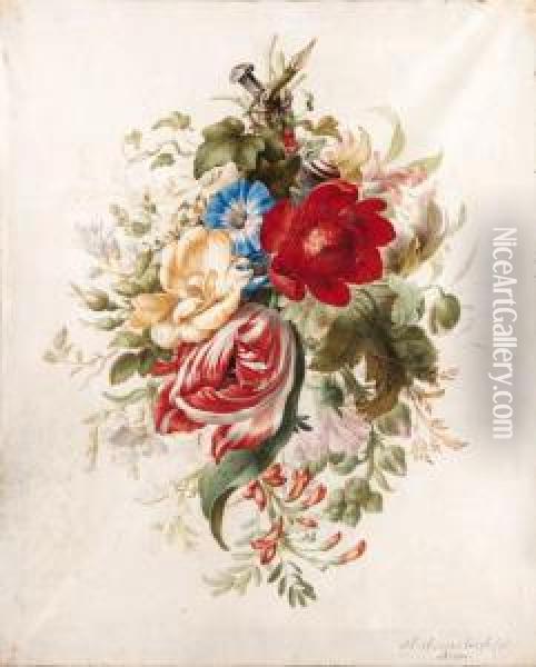 A Spray Of Flowers, Including A 
Tulip, Roses, Poppies, Morningglory, A Hollyhock And Ivy Attached To A 
Nail, With A Snail Andants Oil Painting - Herman Henstenburgh