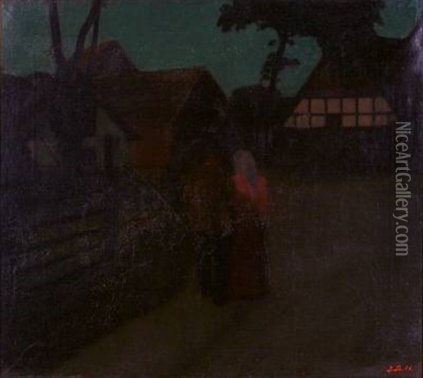 Aften I Landsbyen (evening In The Village) Oil Painting - Jens Birkholm