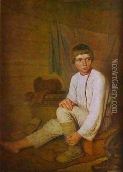 Peasant Boy Putting On Bast Sandals 1823-1827 Oil Painting - Aleksei Gavrilovich Venetsianov